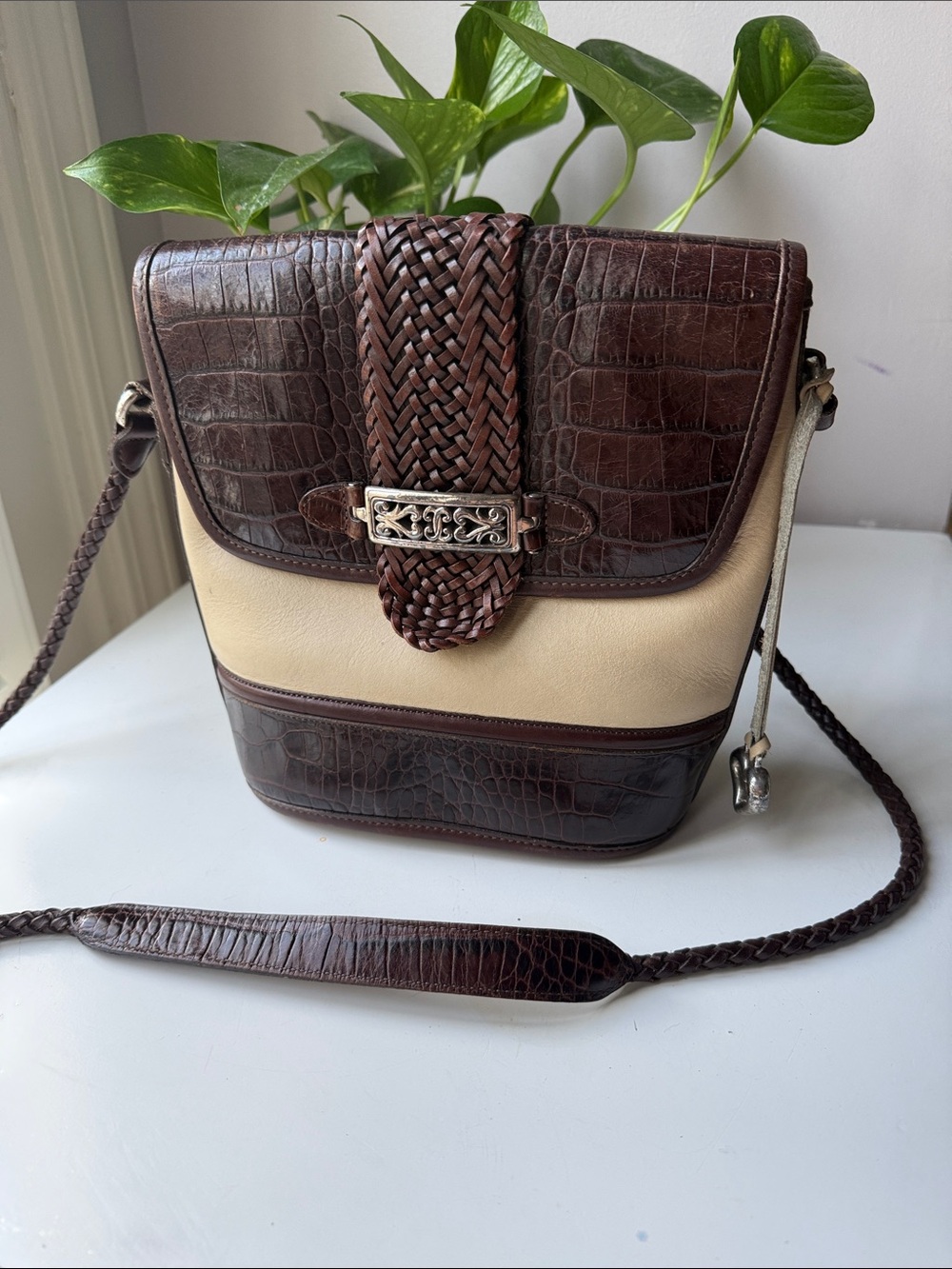 Vintage Brighton Brown and Cream Croc-Embossed Braided Strap Crossbody